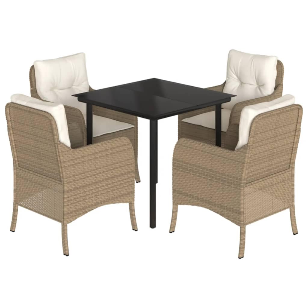 vidaXL 5 Piece Patio Dining Set with Cushions Beige Poly Rattan - Outdoor Furniture for Garden/Backyard/Patio - Tempered Glass Tabletop