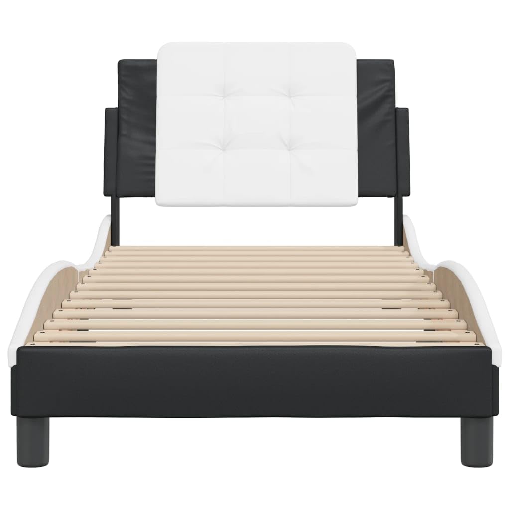 vidaXL Bed Frame with Headboard in Faux Leather Twin XL – Stylish Black & White Design, Excellent Support, Comfortable Foam-Filled Cushion