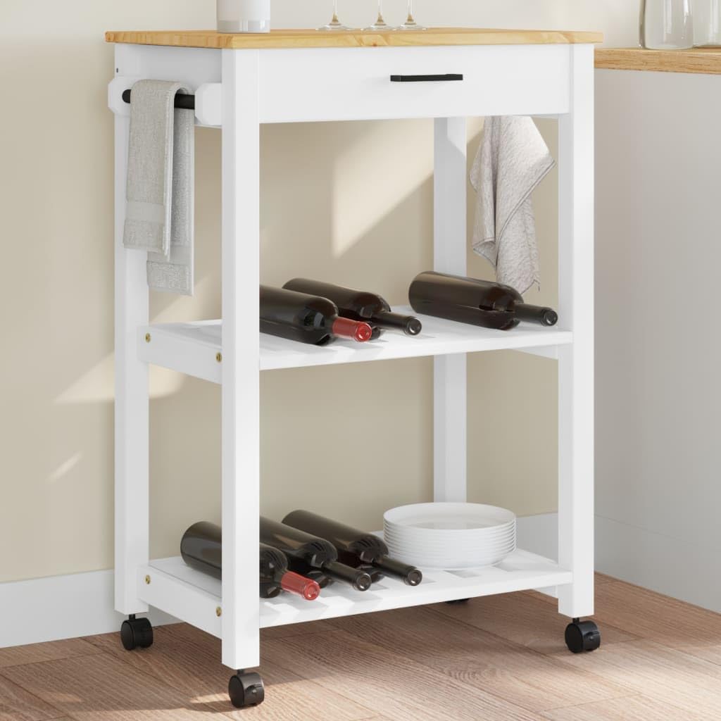 vidaXL Solid Pine Wood Kitchen Trolley - Rolling Cart with Drawer/Shelves, White/Honey Wax Finish, Mobile Organizer for Homes