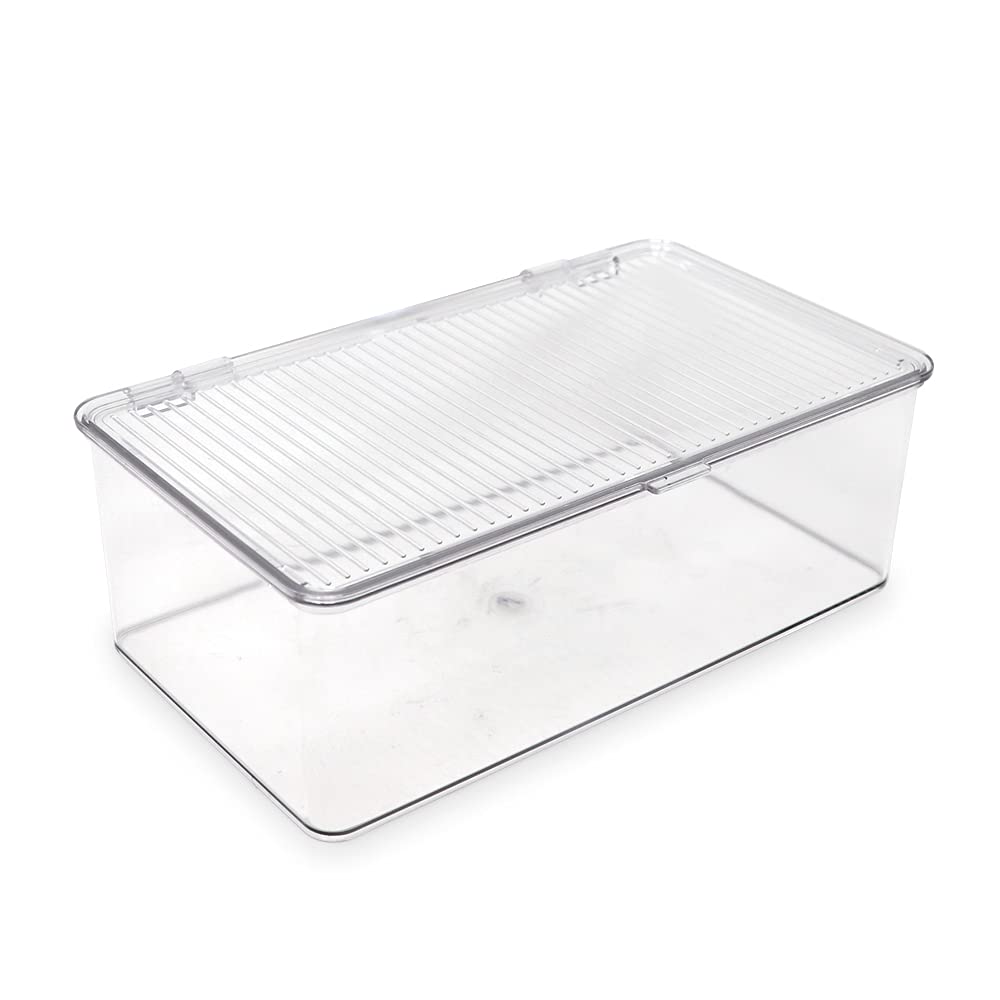 Isaac Jacobs Medium Stackable Organizer Bin (10.75   x6.5   x3.7   ) w/ Hinged Lid, Clear Storage Box, Home, Office, School, Fri