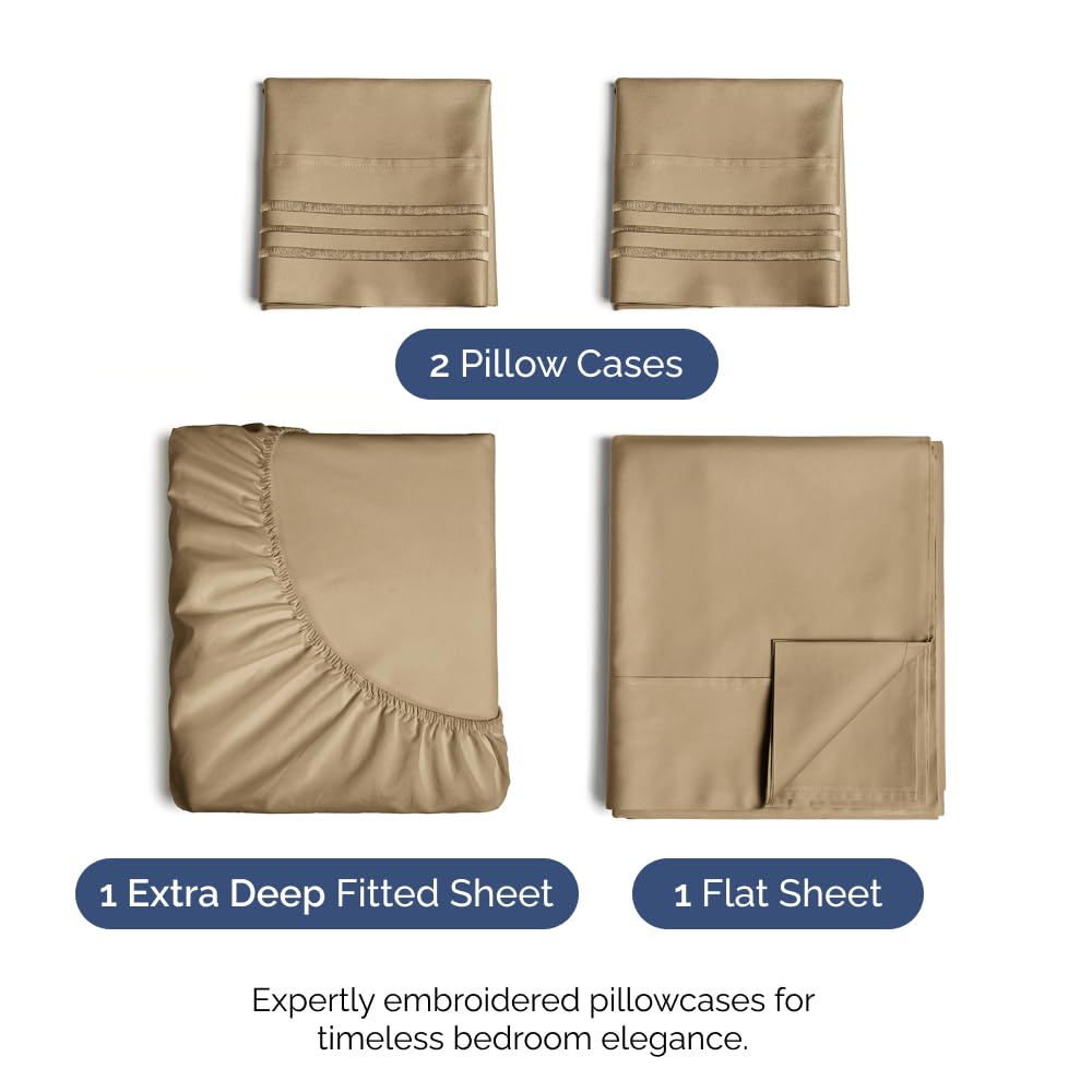 Extra Deep Pocket King Sheets - 4 Piece Breathable & Cooling Bed Sheets - Hotel Luxury Bed Sheet Set - Soft, Wrinkle Free & Comfy - Easily Fits Extra Deep Mattresses - Deep Pocket Beige Sheets Set