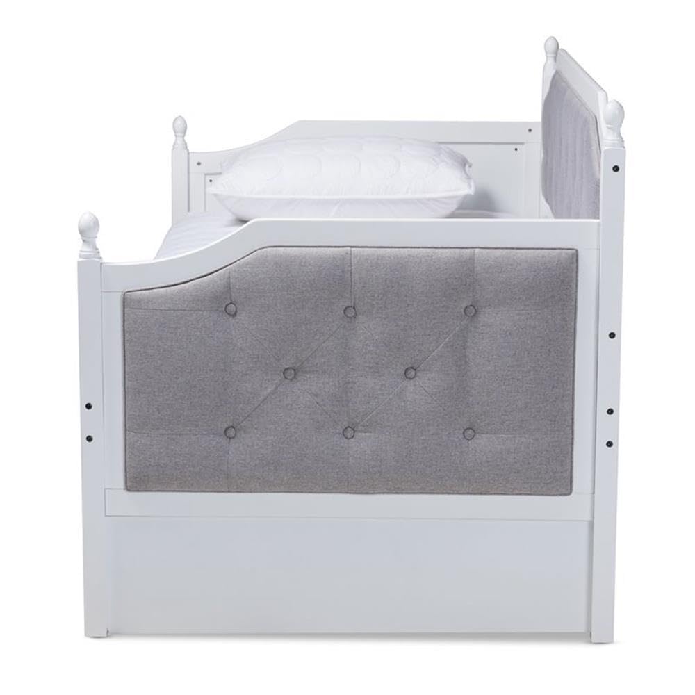 Baxton Studio Mara Classic and Traditional Grey Fabric Upholstered White Finished Wood Twin Size Daybed with Trundle
