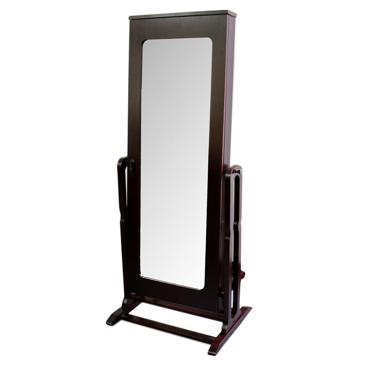 HomeRoots Dark Cherry Wood Cherry Finish Standing Mirror with Jewelry Storage