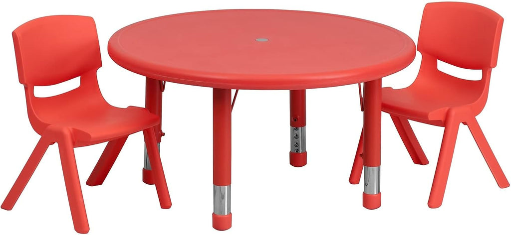 33 Round Red Plastic Height Adjustable Activity Table Set with 2 Chairs