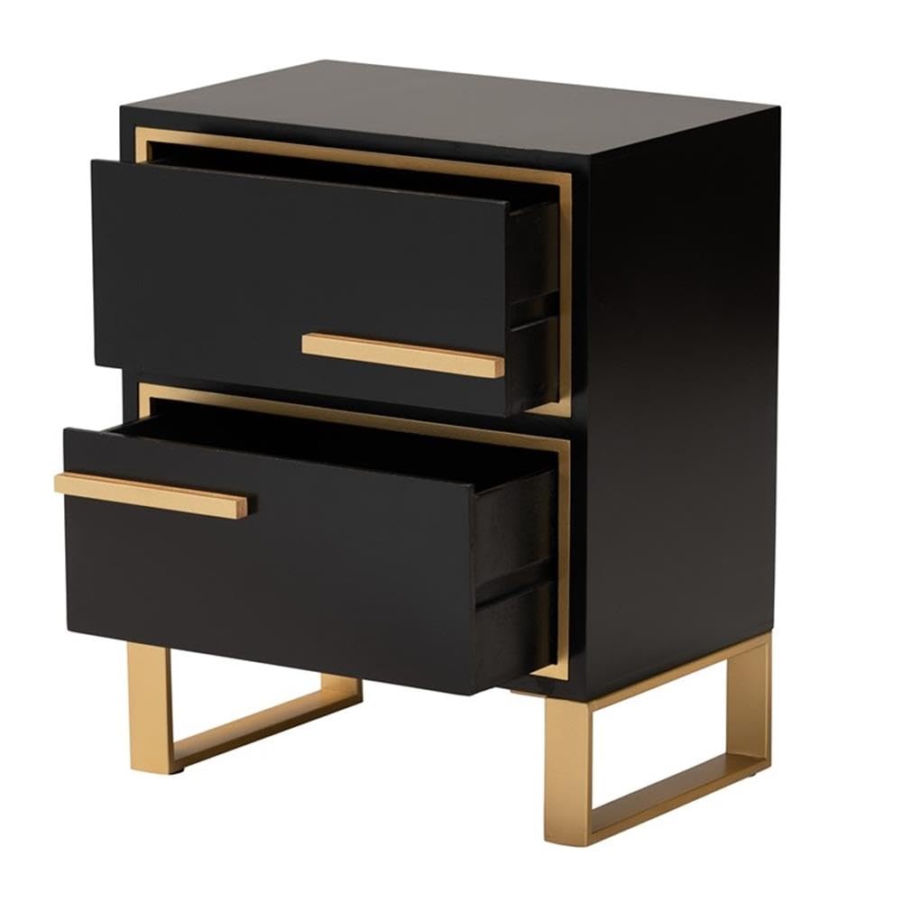Baxton Studio Giolla Contemporary Glam and Luxe Black Finished Wood and Gold Metal 2-Drawer End Table Black/Wood