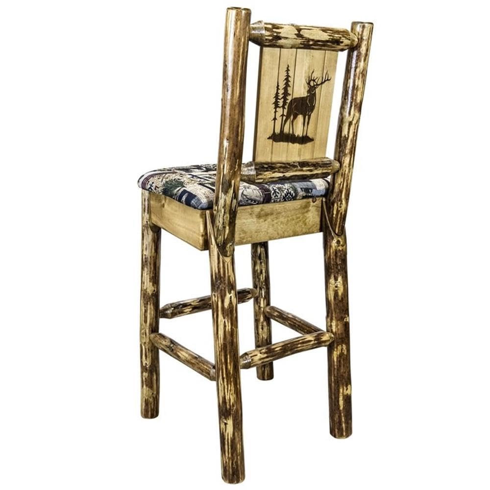 Montana Woodworks Glacier Country Collection Counter Height Barstool with Upholstered Seat, Woodland Pattern, Laser Engraved Elk Design, Stained & Lacquered