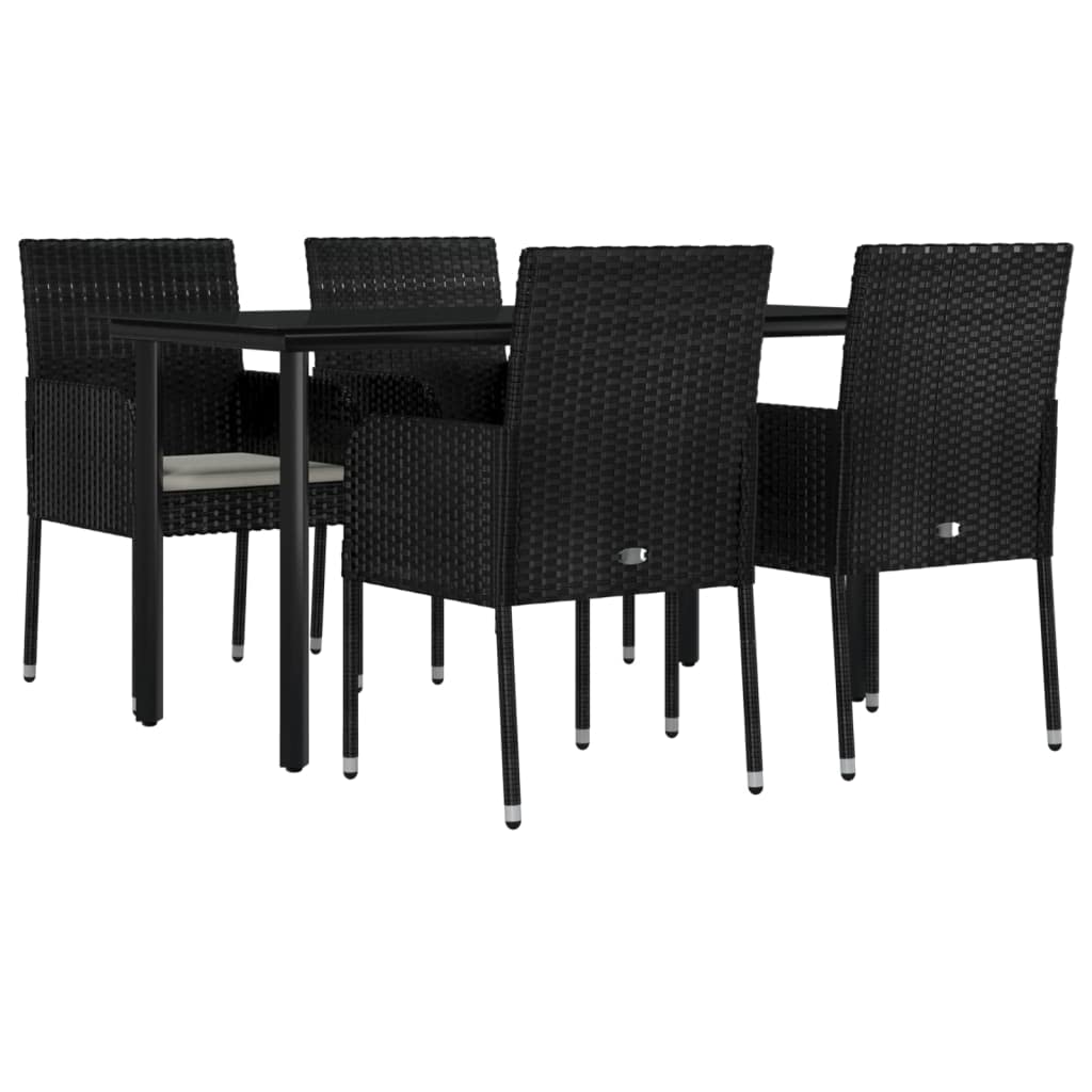 vidaXL Modern 5 Piece Patio Dining Set - Black Poly Rattan with Cream White Cushions, Weather-Resistant, Tempered Glass Tabletop, Modular Design, Comfortably Padded'.