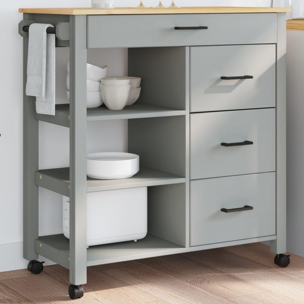 vidaXL Kitchen Trolley - Rolling Storage Cart with Drawers/Shelves, Solid Pine Wood, Lockable Wheels, in Gray/Honey Wax, 33.1x15.7x35.4