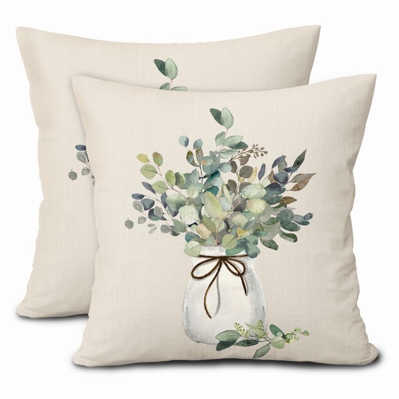 Aportt Spring Summer Leaf Pillow Covers 16X16 Inch Watercolor Eucalyptus Leaves Couch Pillow Cases Sage Green Farmhouse Throw Pi
