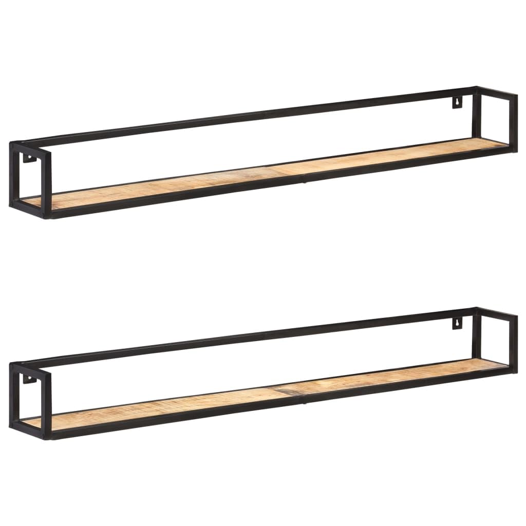 vidaXL Set of 2 Wall Shelves - Industrial Style Storage and Display Solution - Rough Mango Wood Material - Black Powder-Coated Iron Frame - 110.2 lb Loading Capacity