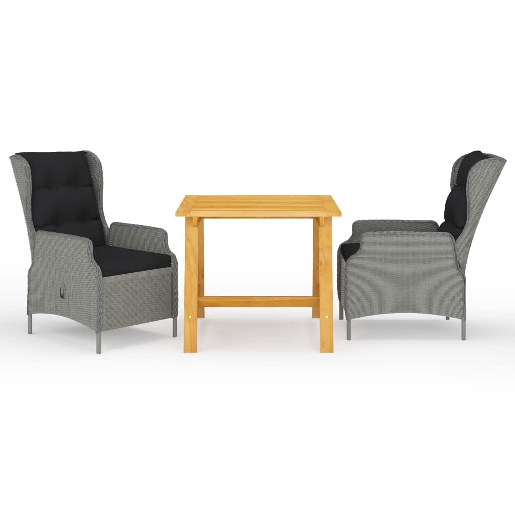 vidaXL 3-Piece Patio Dining Set in Light Gray - Acacia Wood Table, Powder-Coated Steel Frame Chairs with PE Rattan, All-Weather Resilient, Adjustable and Reclining Backrest, Removable Cushions