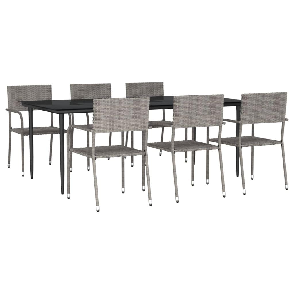 vidaXL Modern 7 Piece Patio Dining Set- Durable Poly Rattan and Steel Construction, Designed for Garden and Outdoor, Features Grey Chairs and Black Tempered Glass Table, 3203294