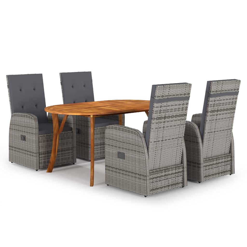 vidaXL 5-Piece Patio Dining Set with Adjustable Chairs - Outdoor Furniture Set Made from Solid Acacia Wood and Weather-Resistant PE Rattan in Gray