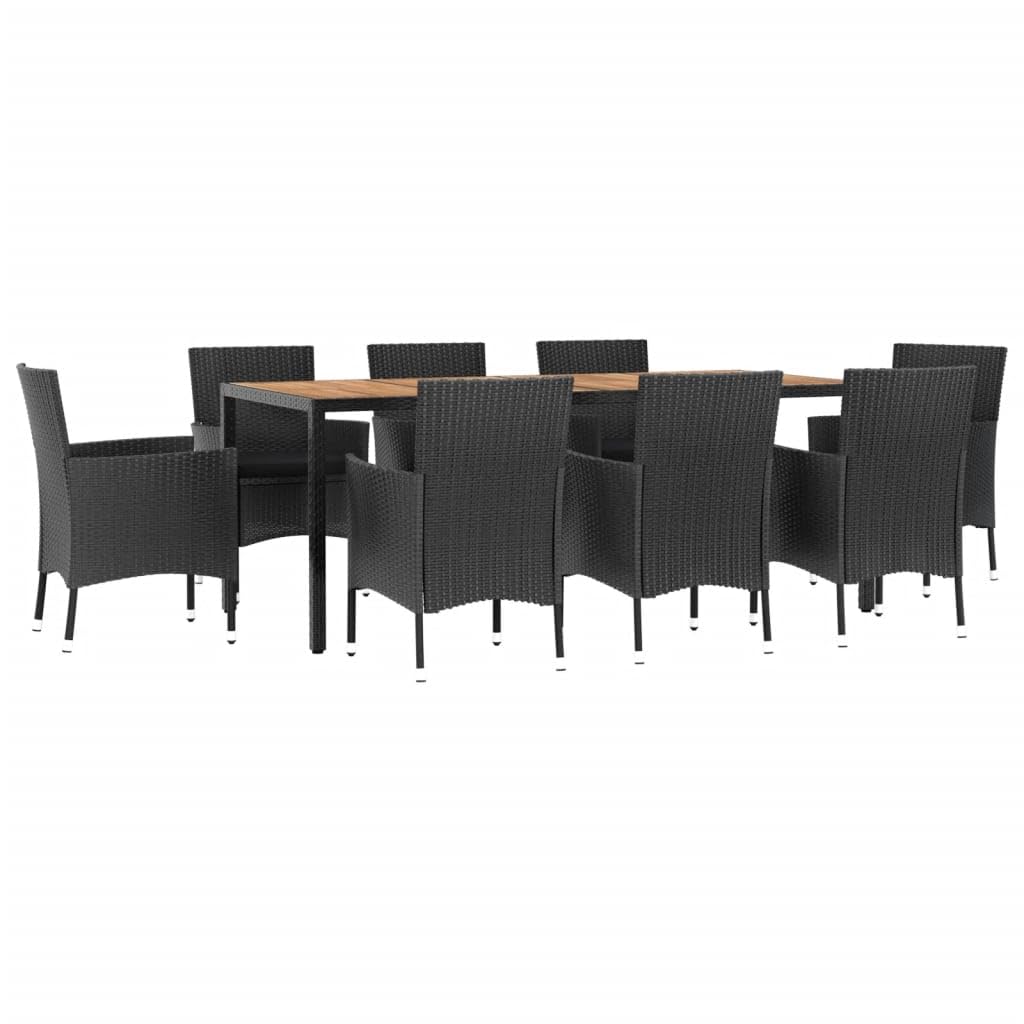 vidaXL 9 Piece Patio Dining Set - Black Poly Rattan/Steel Frame - Cushions Included - Rectangular Table - Outdoor Garden/Deck/Patio