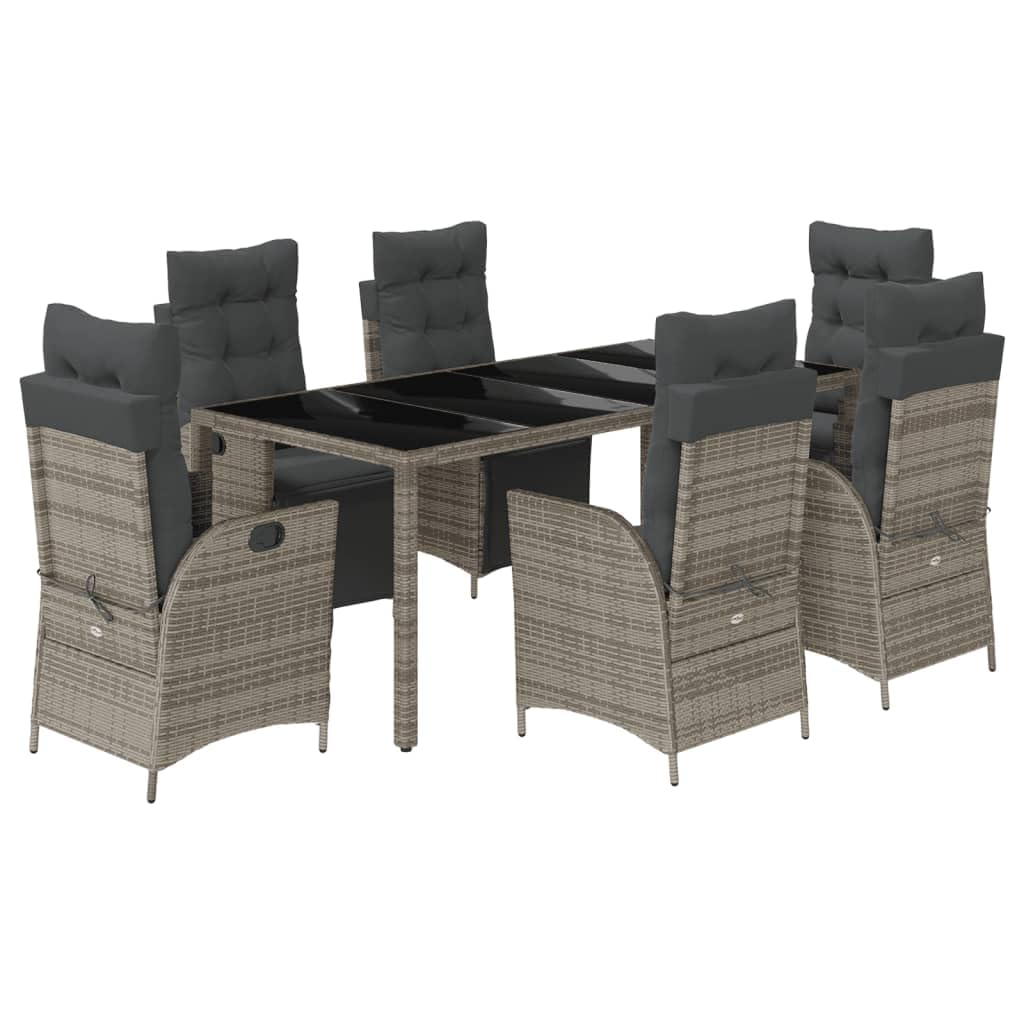 vidaXL 7 Piece Patio Dining Set with Cushions - Gray PE Rattan, Adjustable Reclining Chairs, Tempered Glass Table for Garden, Backyard, Patio - Includes 1 Table, 6 Chairs, and Cushions