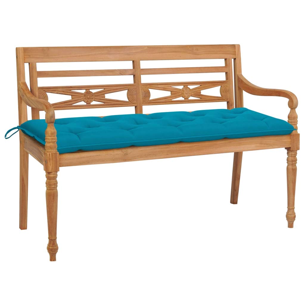 Vidaxl Solid Teak Wood Batavia Bench With Light Blue Cushion Outdoor Patio Porch Home Balcony Backyard Terrace Lounge Seating Wooden Furniture 59.1&quot;