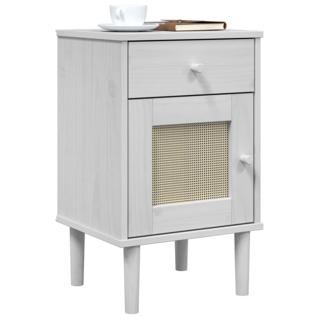vidaXL SENJA Bedside Cabinet, Rattan Look, Sleek Design, Solid Pine Wood with UV Varnish, Practical Storage, White 15.7&quot;x13.8&quot;x25.6&quot; for Bedroom, Living Room