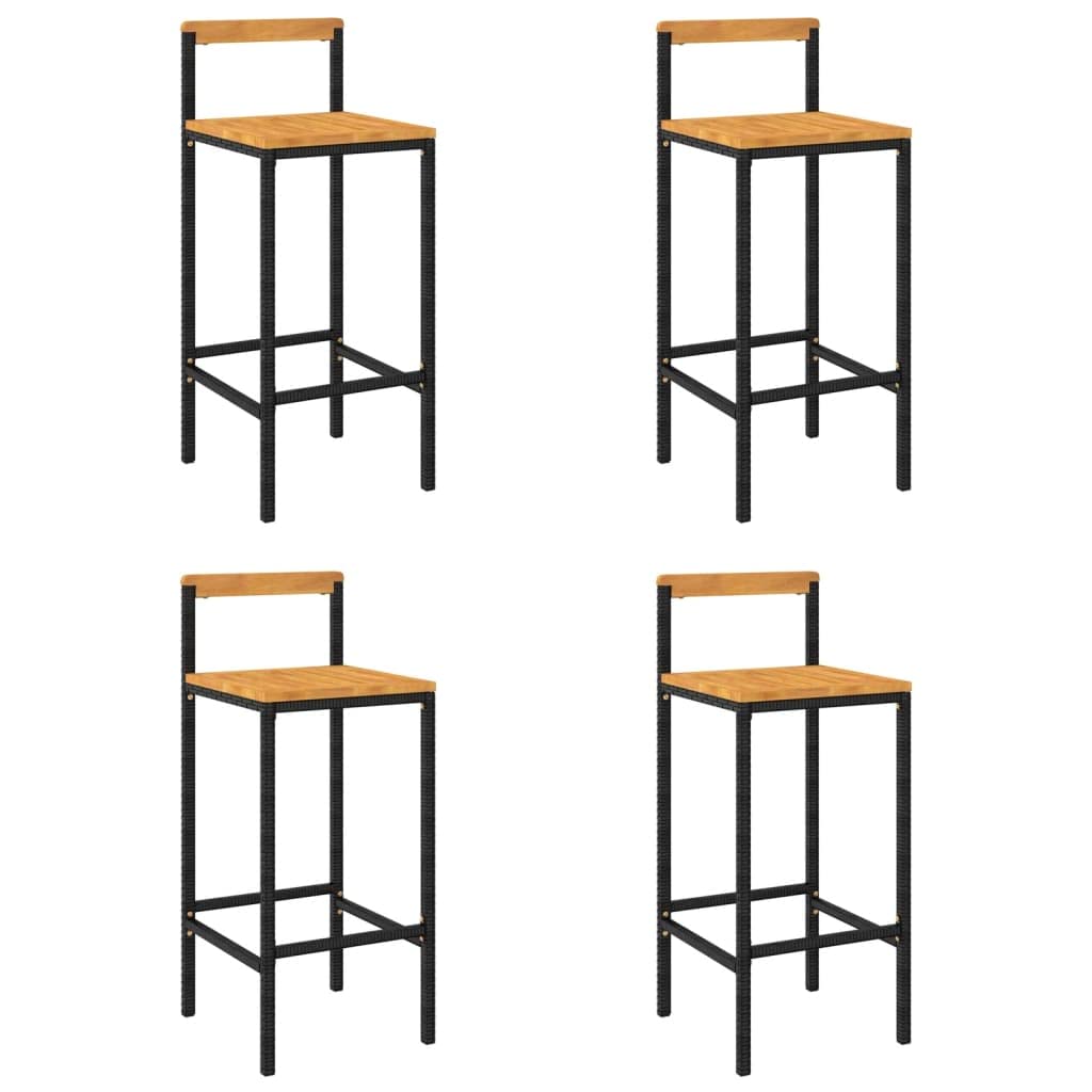 vidaXL Modern Bar Stools - 4 pcs Set with Black Poly Rattan and Solid Acacia Wood Seat, Durable Steel Frame, Indoor/Outdoor Furniture