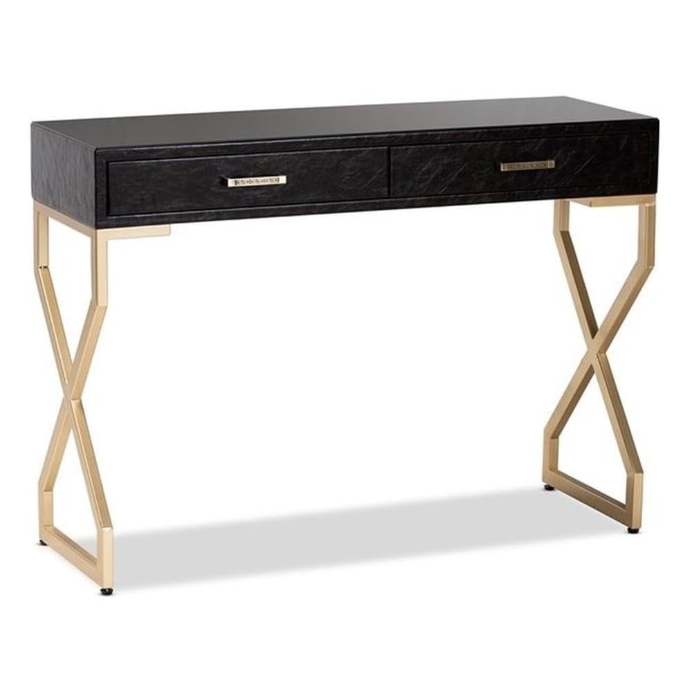 Baxton Studio Carville Modern and Contemporary Dark Brown Faux Leather Upholstered Gold Finished 2-Drawer Console Table