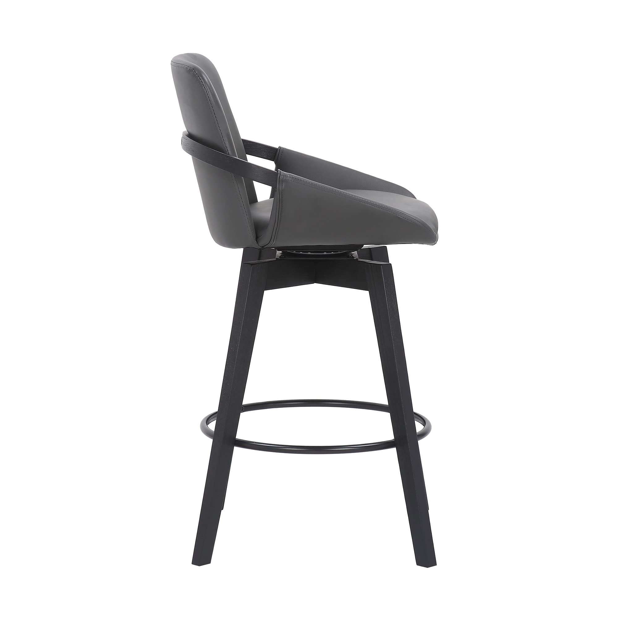 HomeRoots Gray Metal, Wood, Faux Leather 26' Luxurious Grey Faux Leather and Black Wood Swivel Bar Stool