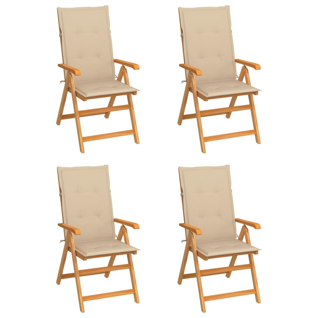 vidaXL Patio Chairs Set of 4 with Beige Cushions - Solid Teak Wood, Outdoor/Garden Recliners, Adjustable, Foldable