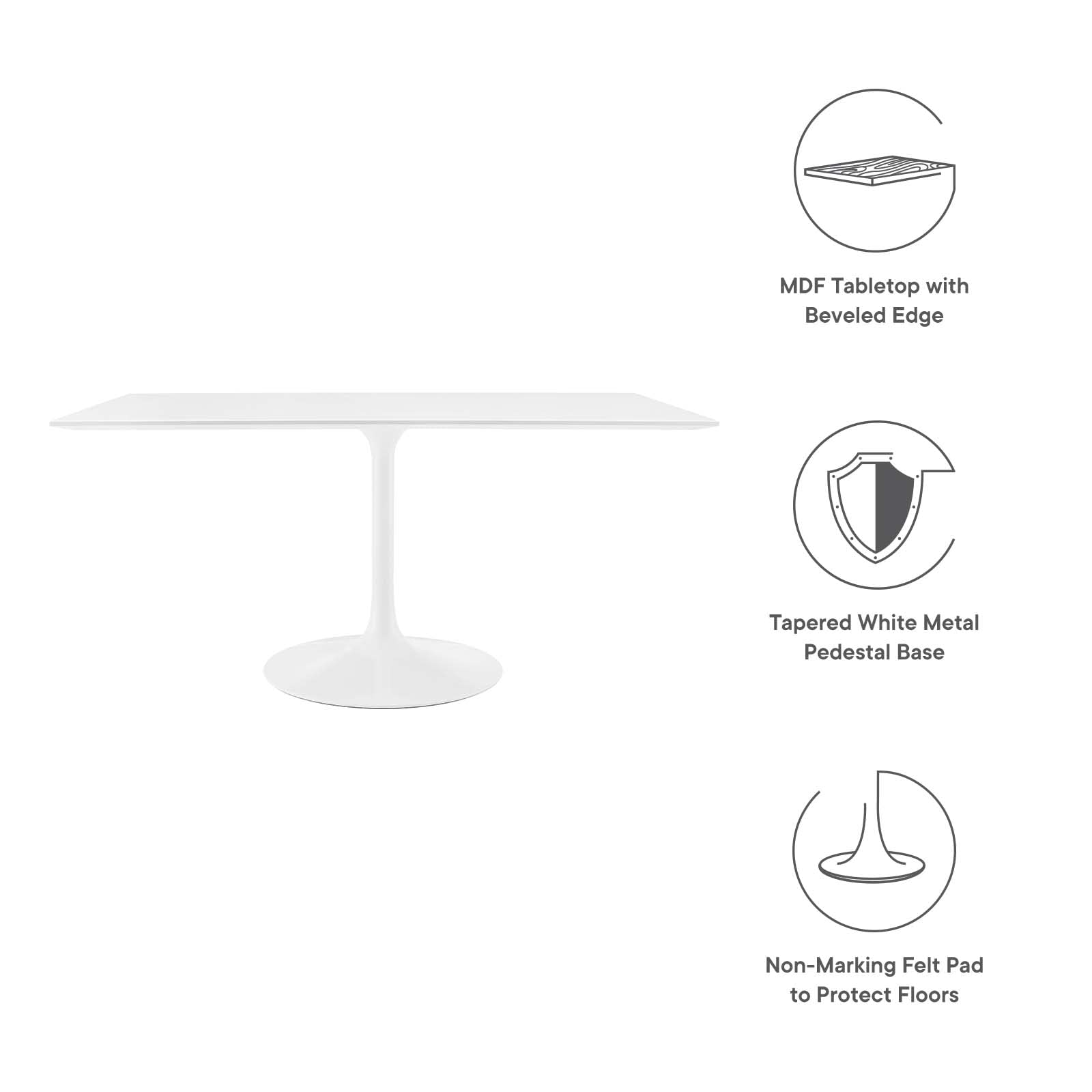Modway Lippa 60&quot; Mid-Century Modern Dining Table With Rectangle Top And Pedestal Base In White