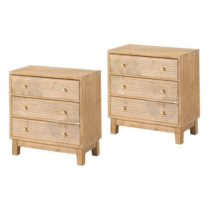 Cozayh 3-Drawer Farmhouse Dresser With Handicraft Wood Ring Motif, Set Of 2 Fully Assembled Nightstand Wooden Finish For Boho, Mid-Century, Natural Wood, Rustic