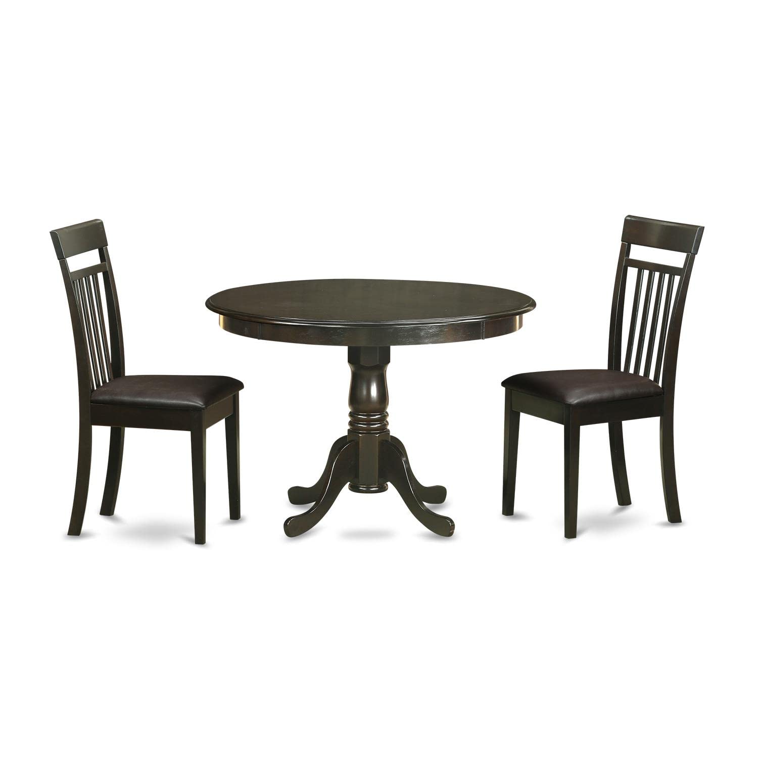 East West Furniture HLCA3-CAP-LC 3 Piece Modern Dining Table Set Contains a Round Wooden Table with Pedestal and 2 Faux Leather Dining Room Chairs, 42x42 Inch, Cappuccino