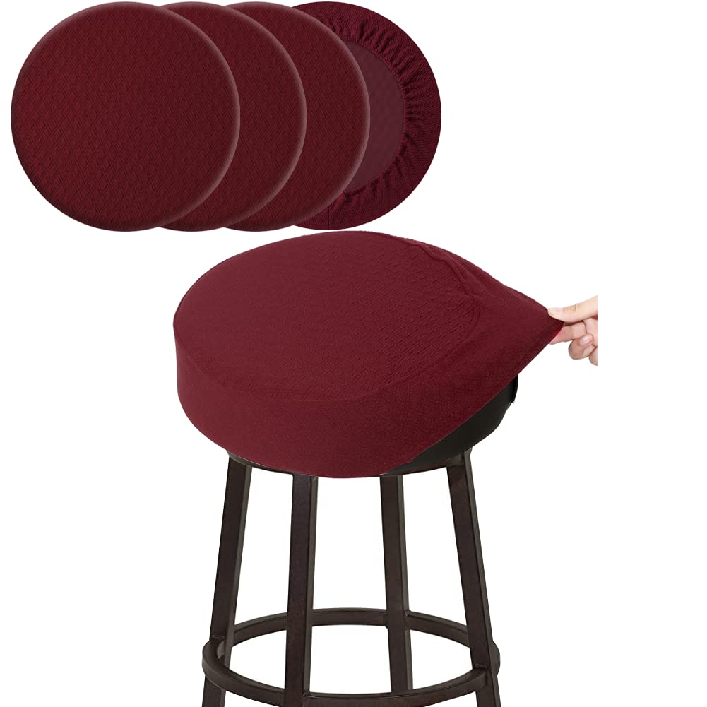 Buyue 4 Pcs Bar Stool Covers, Luxury Fabric Dia.12-14' Round Stretchy Crease-Resistant Washable Jacquard Dustproof Stool Seat Slipcover, S-Burgundy-Set Of 4