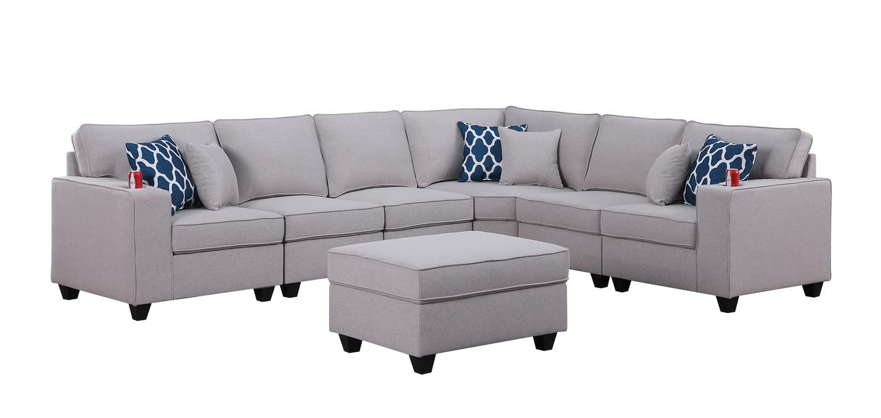 Lilola Home Cooper Light Gray Linen 7Pc Reversible L-Shape Sectional Sofa with Ottoman and Cupholder