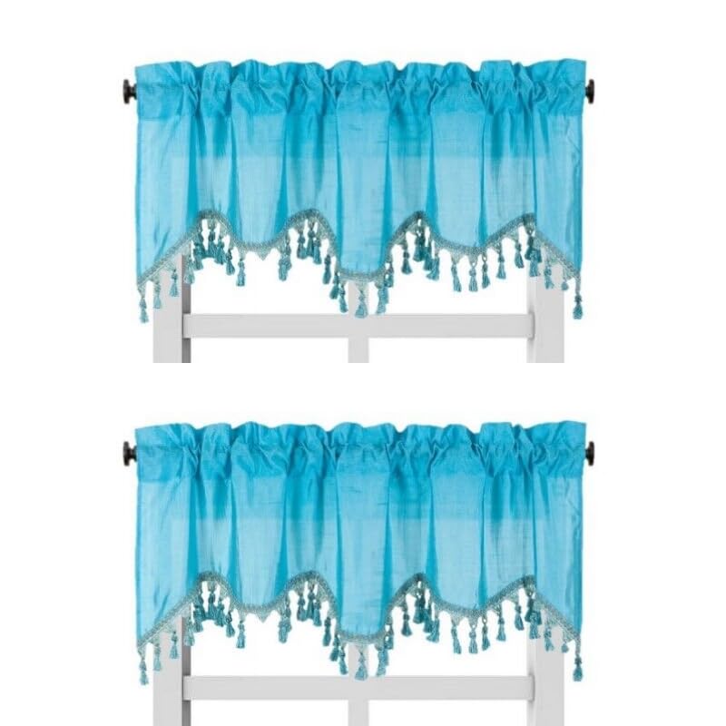 Solid Faux Silk Swag Waterfall Cascade Ascot Window Curtain Valance W/Tassels Trim 55' X18' Wave (2, Turquoise Blue)