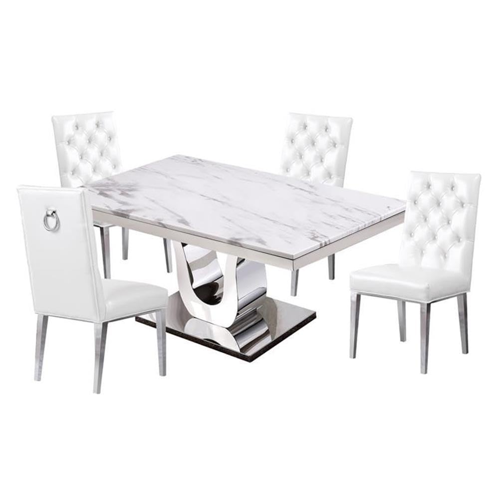 Furniture D14-4Sc89 Dining Set, White Faux Leather