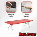 Kwik-Covers Rectangular Plastic Table Covers Bundle Of 10 With One Hundred Forty (140) Ohm Commerce Paper Napkins - Indoor Or Outdoor Fitted Table Covers (Table Not Included) (30X72 10 Pack, Red)