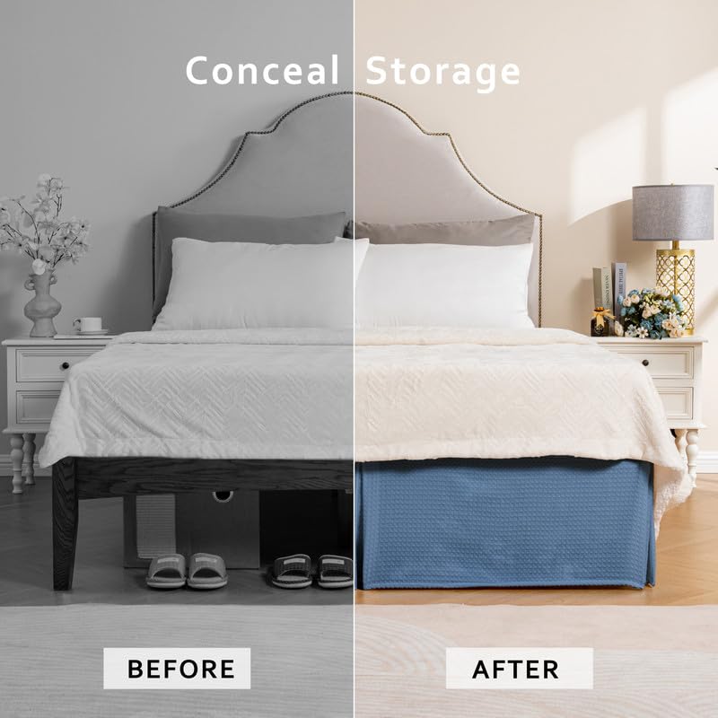 Miye Pleated Waffle Weave Bed Skirt, Tailored Dust Ruffle 18 Inch Drop Easy Fit, Machine Washable (Blue, Queen - 18'' Drop)