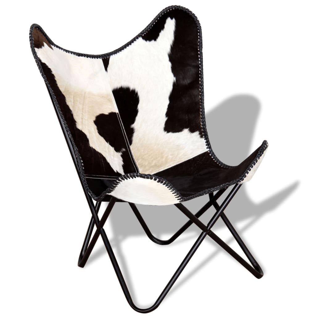 vidaXL Butterfly Chair, Lightweight Armchair with Powder-Coated Steel Frame, Comfortable Genuine Goat Leather, Versatile Utility 17.91" x 25.79" x 4.13", Black & White