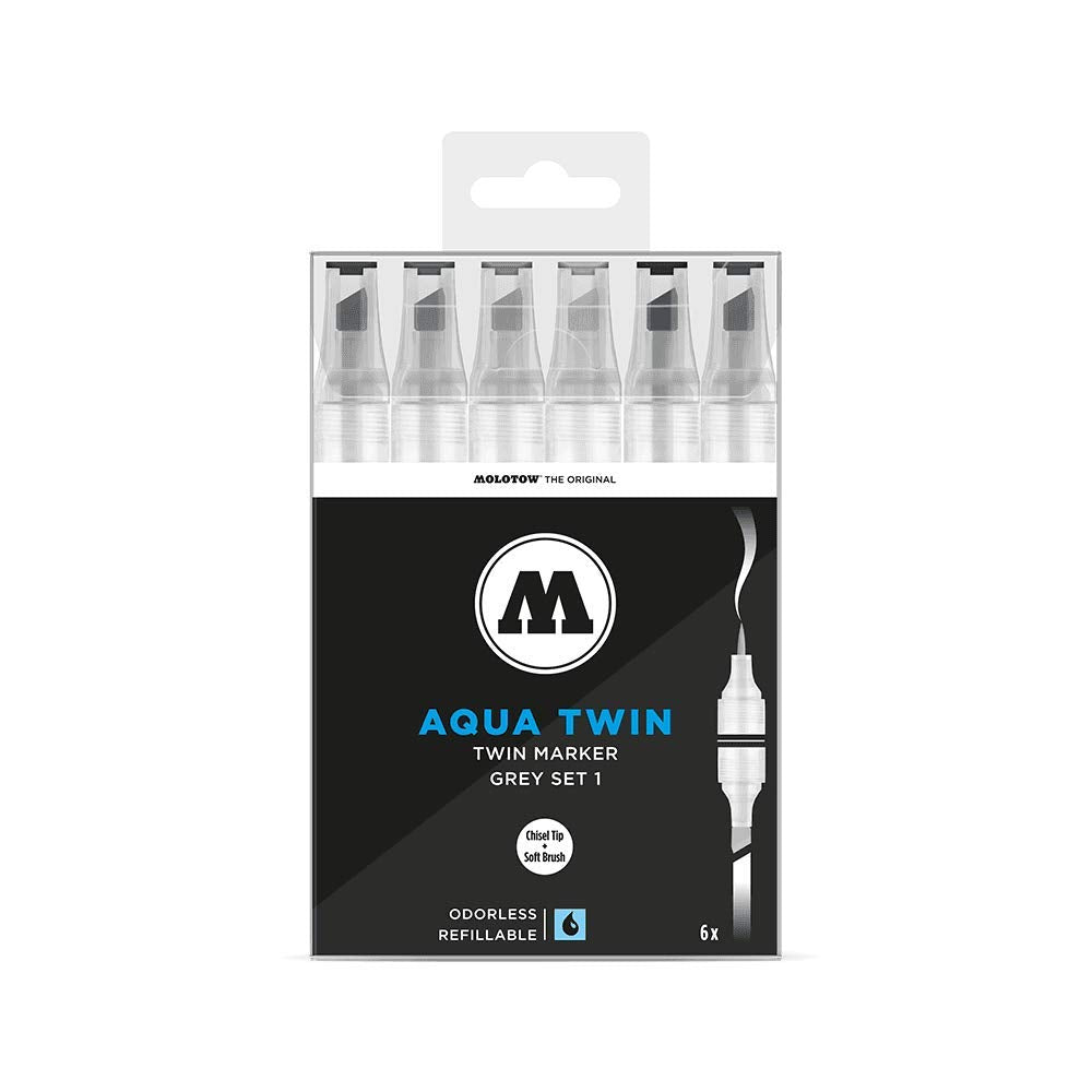 Molotow Aqua Twin Marker Grey Set 1, Brush And Chisel Nib, Assorted Colors, 6 Marker Set, 1 Set Each (729.303)