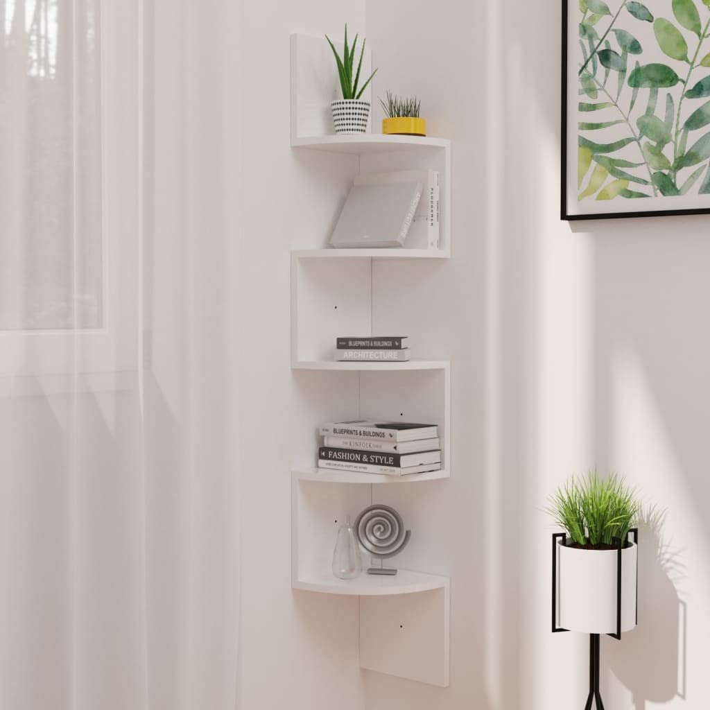vidaXL Wall Corner Shelf | 48.4 High | Glossy White Finish | Engineered Wood | Space-Saving Floating Book, Awards, Collectables Display | Modern Home Décor