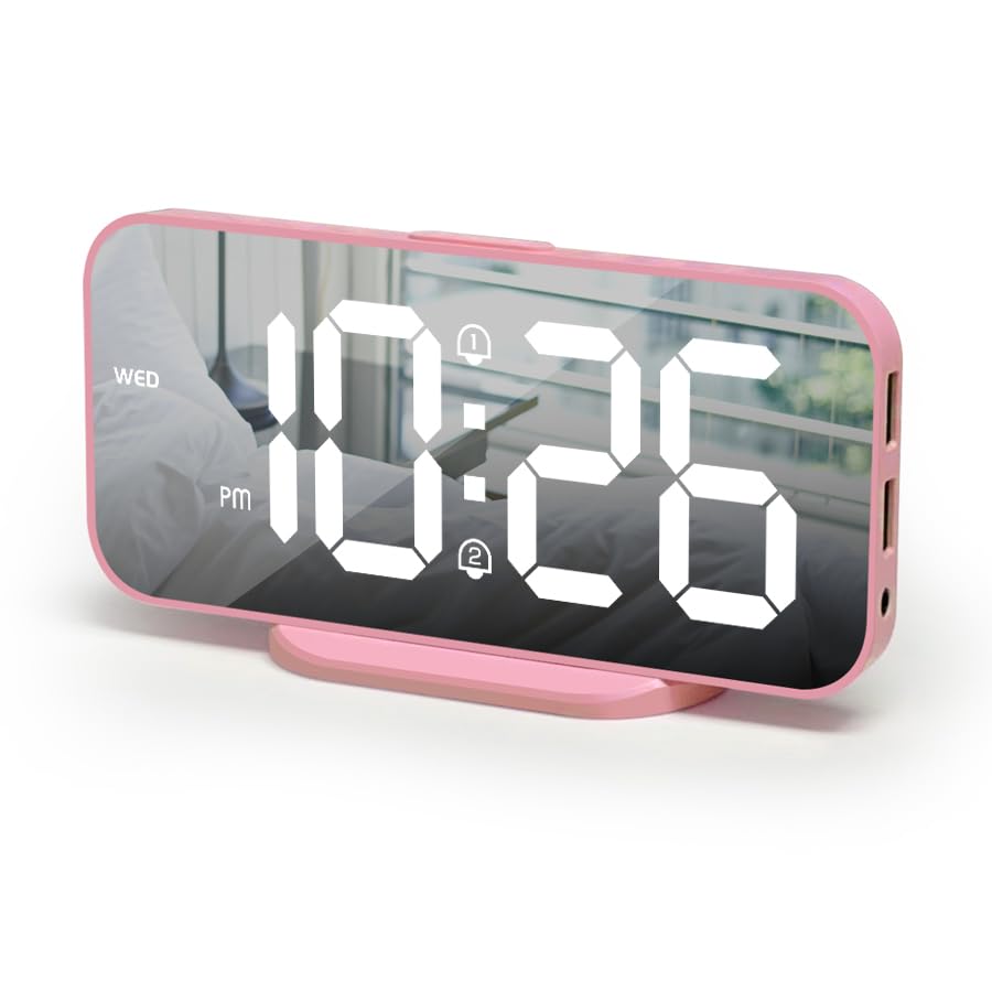 ALANAS Digital Alarm Clock with Dual Alarms, Mirror LED Bedroom Alarm Clocks for Kids, Adjustable Brightness, Snooze, 2 USB Port