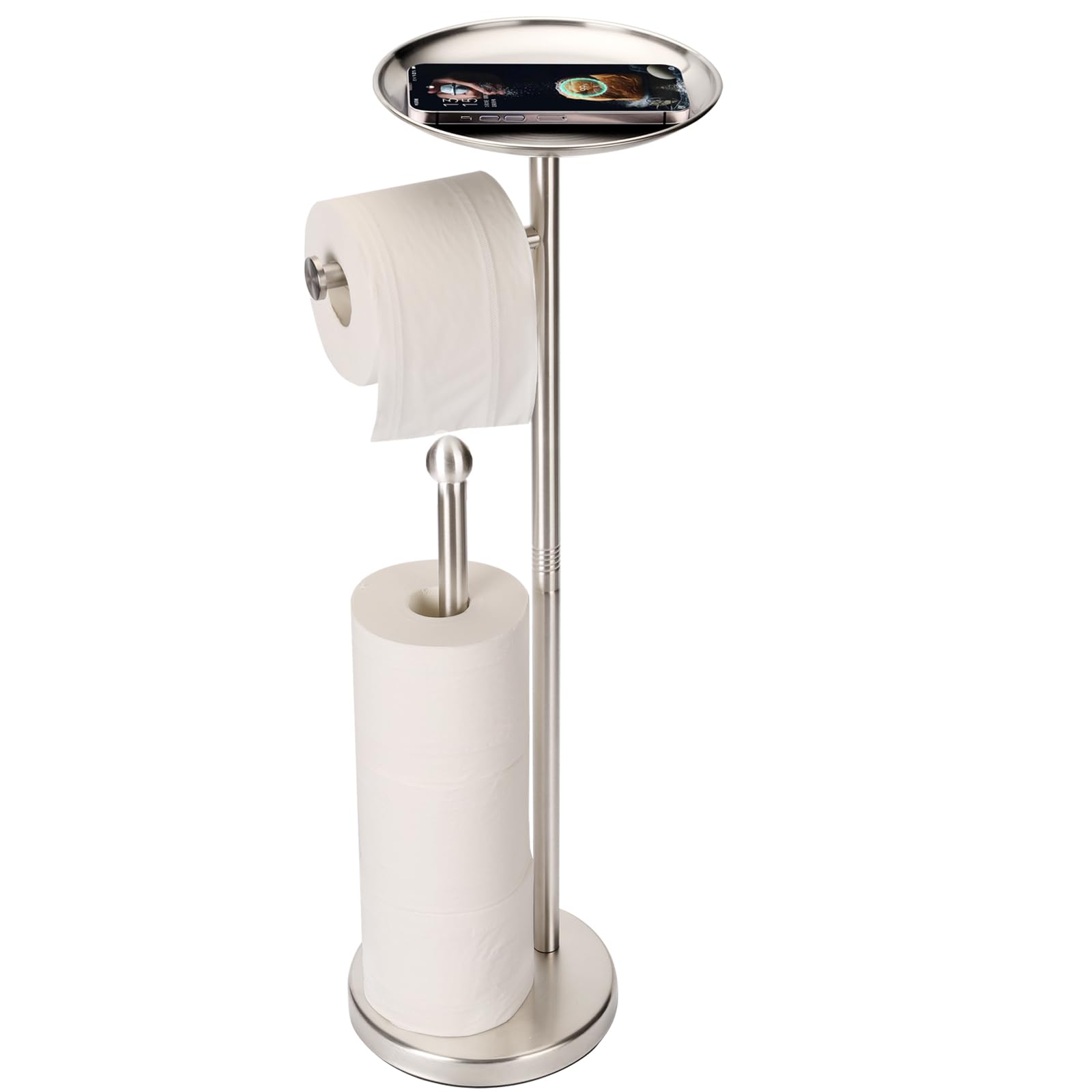 Noonext Toilet Paper Holder with Stainless Steel Tray at The Top for Bathroom, Heavy Base No Tipping Over (Stainless Steel, Brus