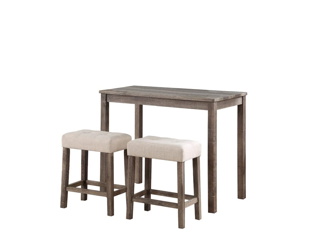 Lilola Home Lux Brown 3 Piece Counter Height 36&Quot; Pub Table Set With Tufted Creamy White Linen Stools