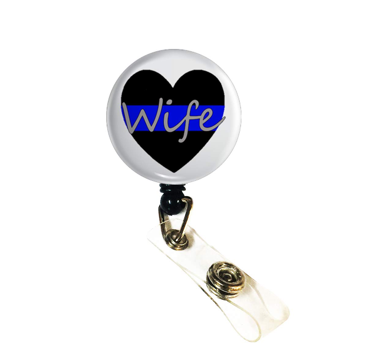 Wigspedia Retractable Name Id Badge Holder Reel/Id Badge Holder - Police Thin Blue Line Heart Wife (Belt/Slide Clip)