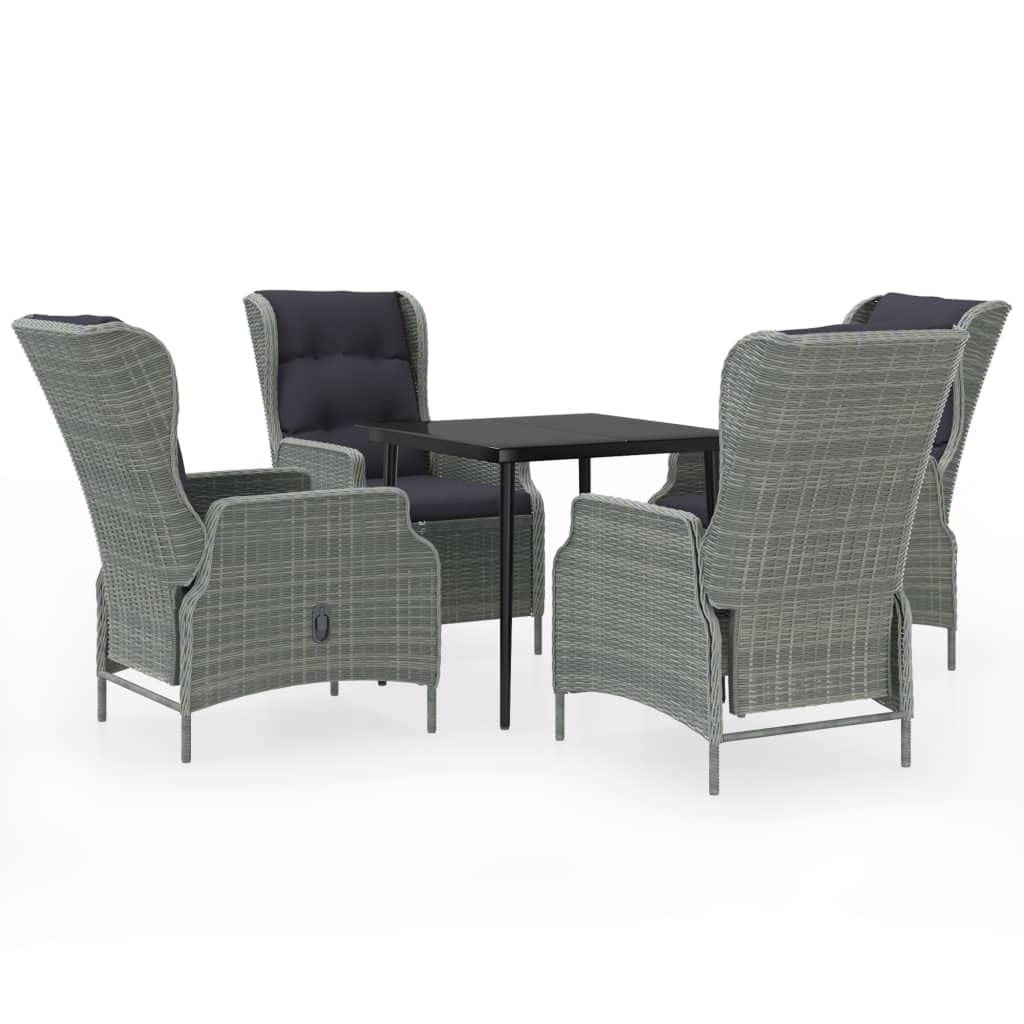 vidaXL Outdoor Dining Set - 5 Piece Patio Furniture with Adjustable Rattan Chairs, Thick Cushions and Glass Tabletop - Perfect for Gardens & Patios - Light Gray