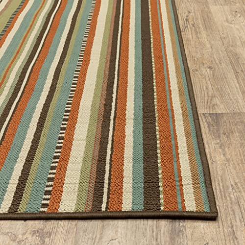 HomeRoots Polypropylene 8’x11’ Green and Brown Striped Indoor Outdoor Area Rug