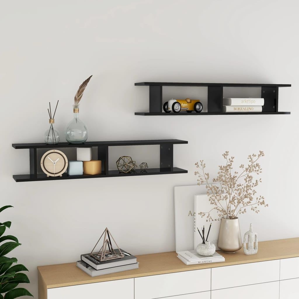 vidaXL Wall Shelves 2pcs High Gloss Black 41.3&quot;x7.1&quot;x7.9&quot; Engineered Wood