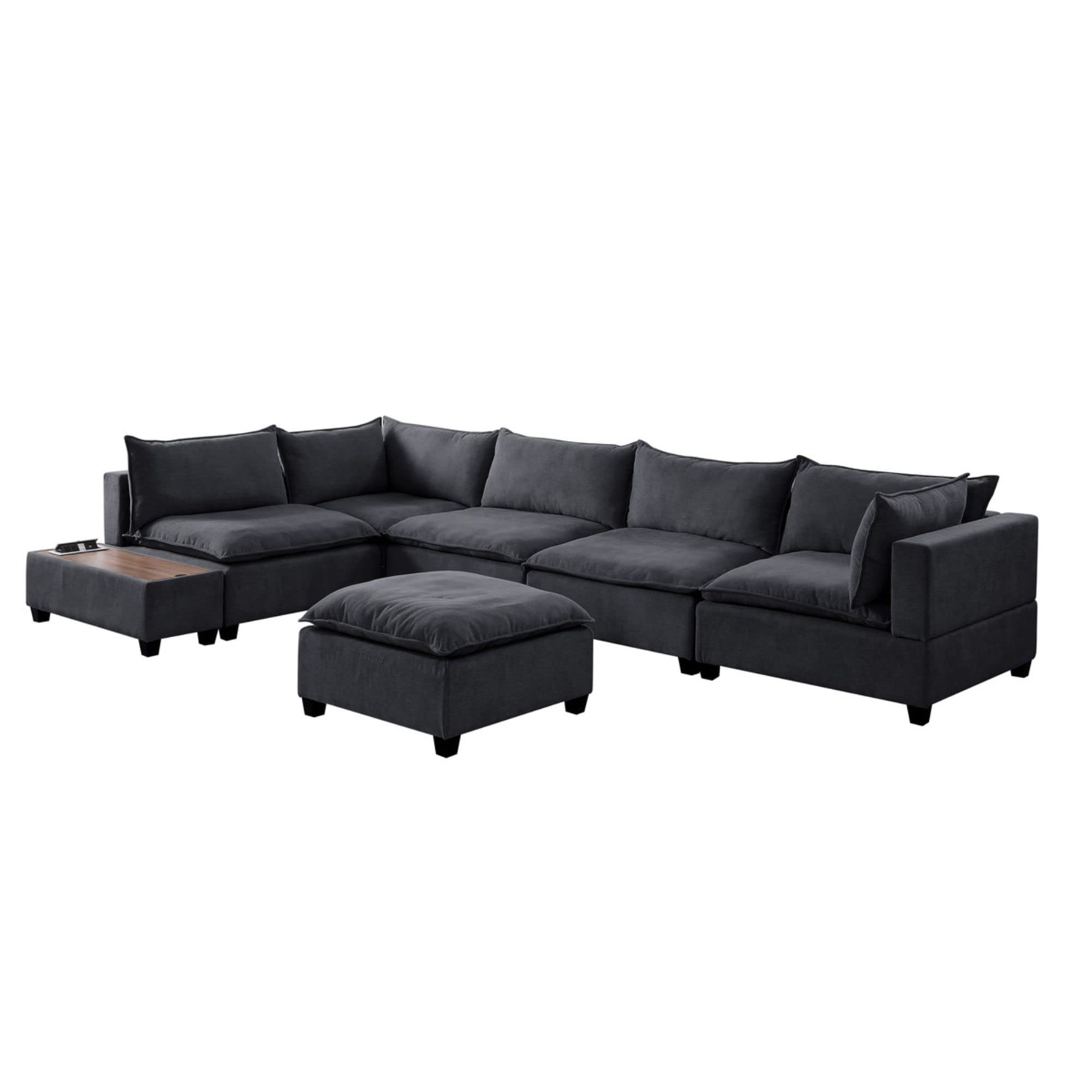 Lilola Home Madison Dark Gray Fabric 7 Piece Modular Sectional Sofa with Ottoman and USB Storage Console Table
