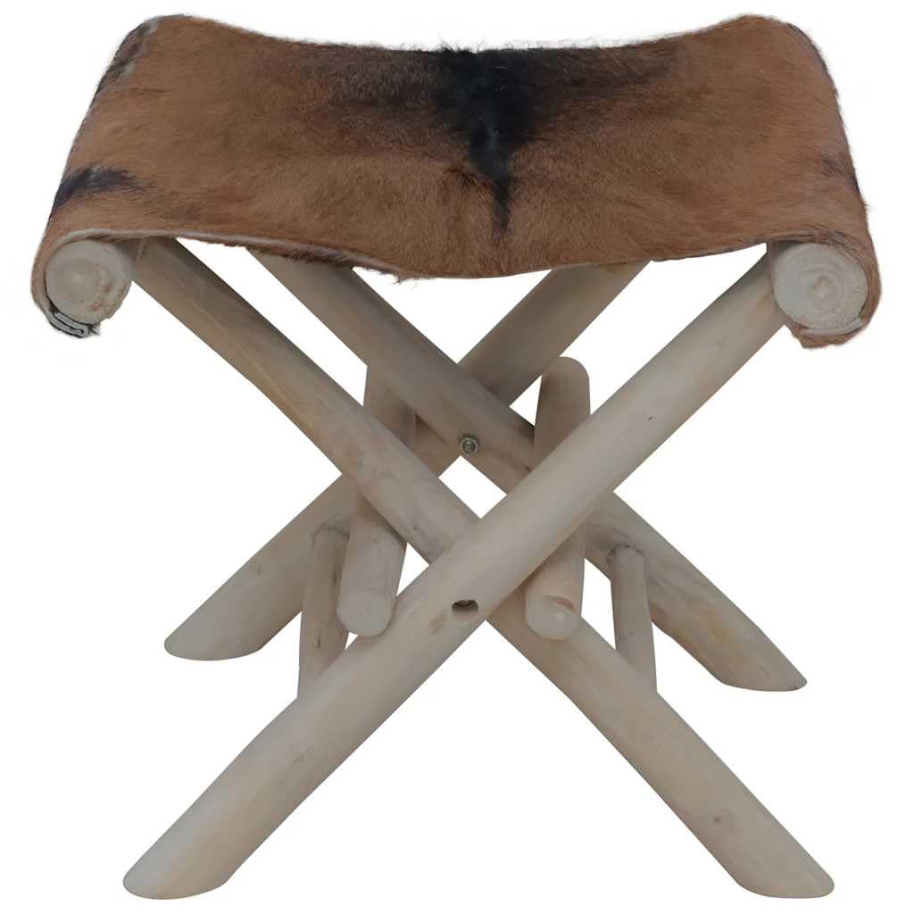 vidaXL Folding Stool with Real Goat Leather and Solid Teak Wood Frame Brown - Modern Rustic Style Compact Chair