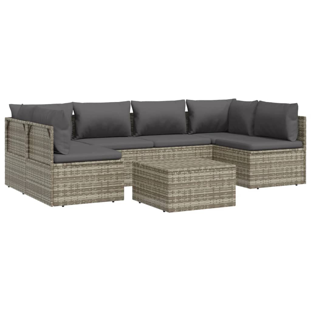 Vidaxl 7 Piece Gray Poly Rattan Patio Lounge Set With Waterproof Bags And Cushions, Suitable For Garden, Outdoor, And Patio Use