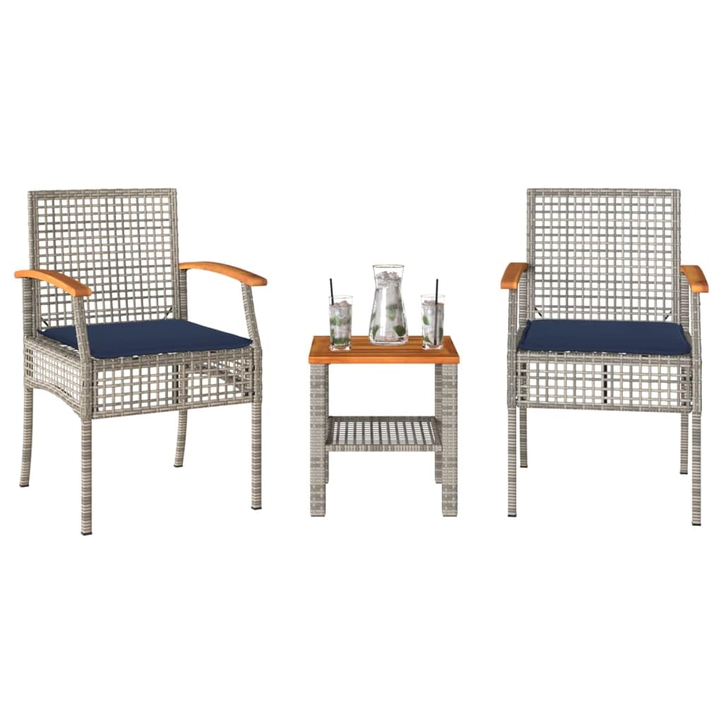 vidaXL Patio Bistro Set - 3piece Outdoor Furniture - Gray Poly Rattan & Acacia Wood Chairs with Cushions - Ideal for Garden, Backyard, Balcony