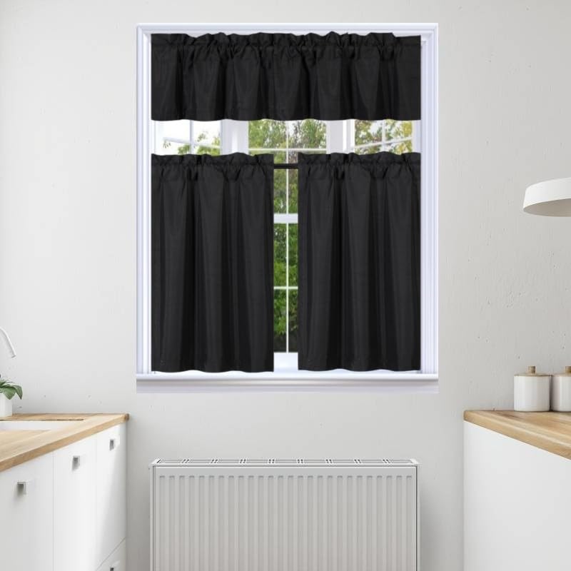 3Pc Set Solid Faux Silk Lined Blackout Rod Pocket Small Kitchen Window Curtain With Valance (K3) (Orange)