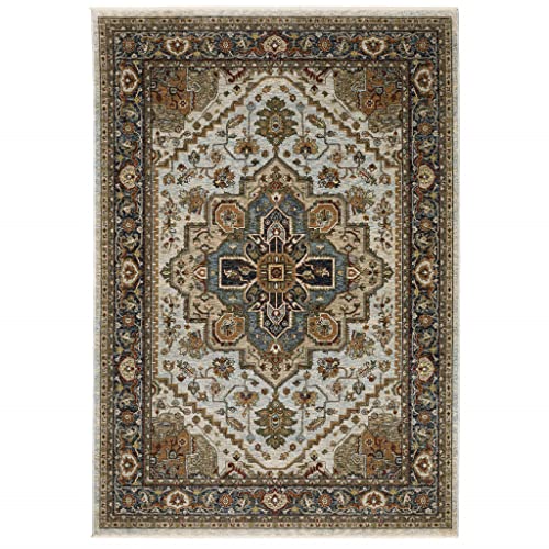 HomeRoots 508078 8 x 11 ft. Ivory Beige Blue Orange Gold Green Gray & Rust Oriental Power Loom Stain Resistant Rectangle Area Rug with Fringe